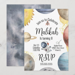 Invitation Espace aquarelle Galaxie Planètes Fête d'anniversa