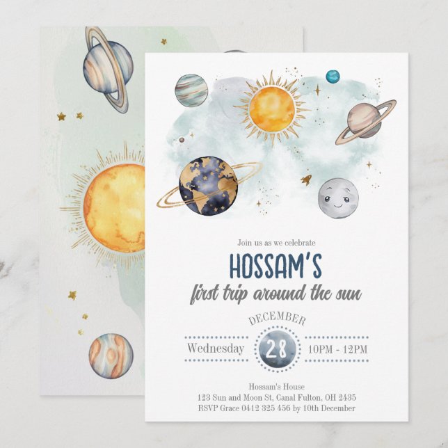 Invitation Espace Extérieur Anniversaire Galaxie Soleil Lune  (Devant / Derrière)