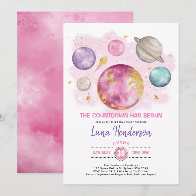 Invitation Espace extra-atmosphérique Fille Baby shower Lune  (Devant / Derrière)