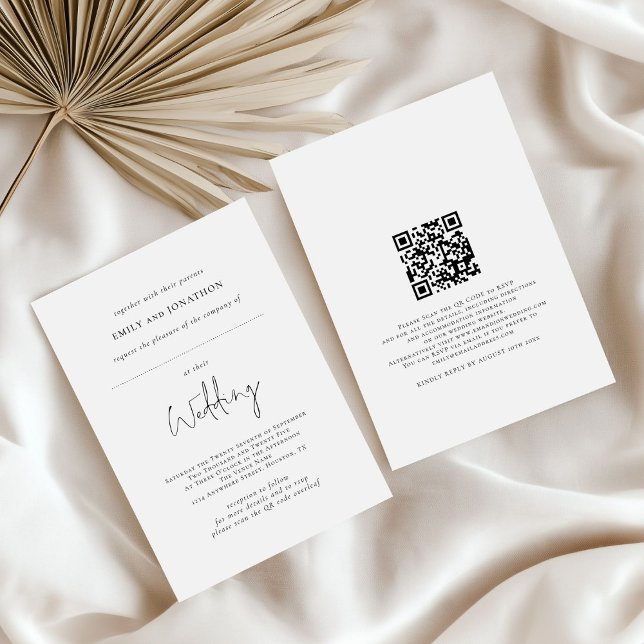 Invitation Espace minimal pour le Mariage QR de nom d'hôte (front and back view)
