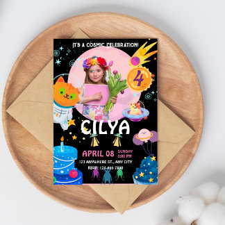 Invitation Espace noir coloré Thème Anniversaire Fête Invitat