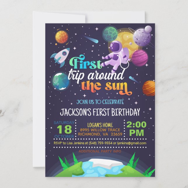 Invitation Espace Premier voyage autour du soleil Anniversair (Devant)