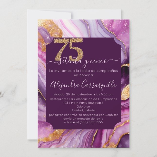 Invitation Espagne Agate rose magnifique 75e anniversaire fêt (Devant)
