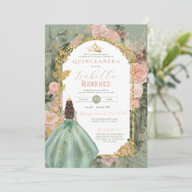 Invitation Espagne Sage Green Quinceañera 15 Anos (Debout devant)