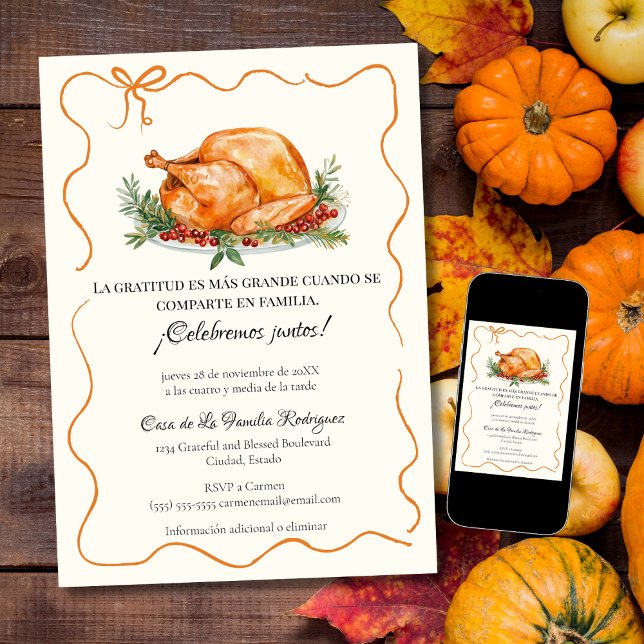 Invitation Espagne Thanksgiving rôti Turquie Orange Bow (Créateur téléchargé)