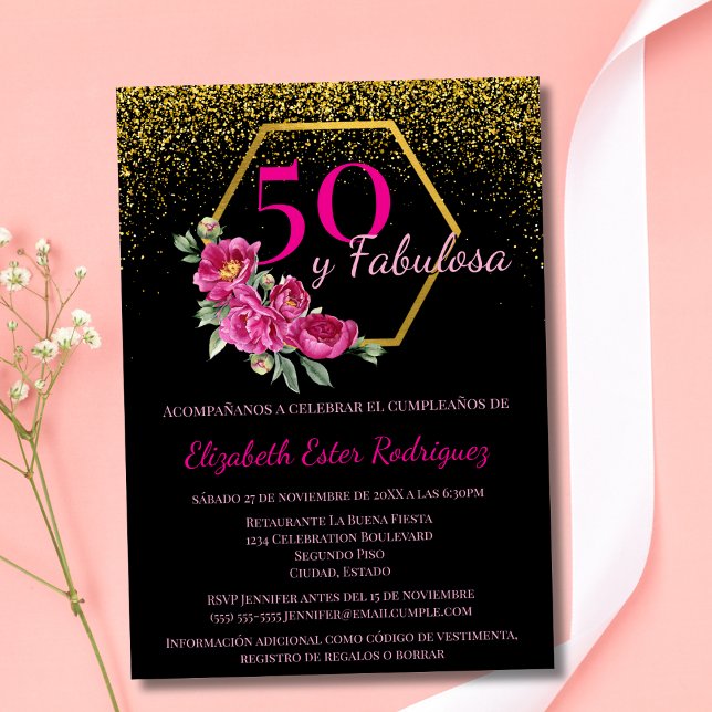 Invitation Espagnol 50 y Fabulosa Black Gold Rose Chic Floral (Créateur téléchargé)