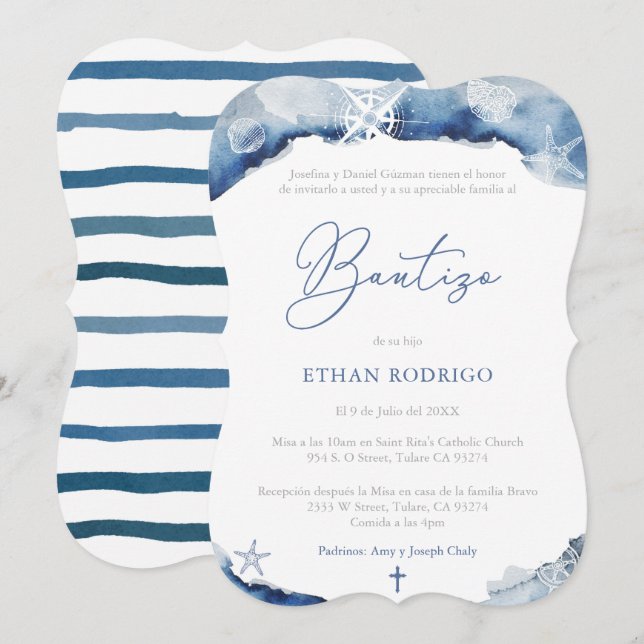 Invitation Espagnol Baptême Thème Nautique, Bautizo Niño (Devant / Derrière)