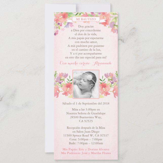 Invitation Espagnol Bautizo rose Floral Baptism fille invitat (Devant)
