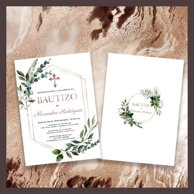 Invitation Espagnol Bautizo Verdure Rose Gold Boy Baptism (Créateur téléchargé)