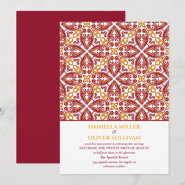 Invitation Espagnol Carrelage rouge orange mariage méditerran (Devant / Derrière)