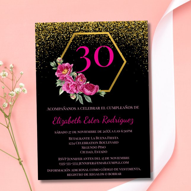 Invitation Espagnol Chic Black Gold Rose 30e anniversaire (Créateur téléchargé)