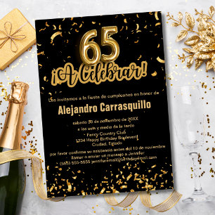 Invitation Espagnol Chic Noir & Or Confetti 65e anniversaire