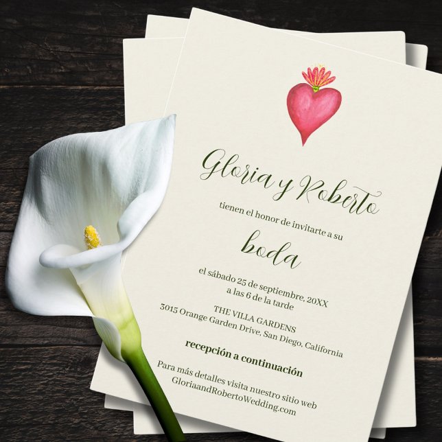 Invitation Espagnol, Coeur Rouge Et Fleur Mariage Mexicain (Créateur téléchargé)