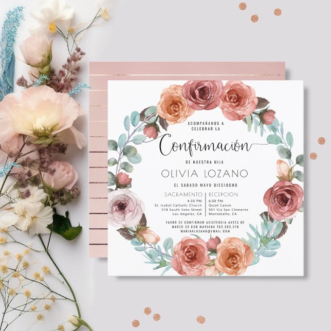Invitation Espagnol, Confirmation fille, Rose or Blush Floral (Créateur téléchargé)