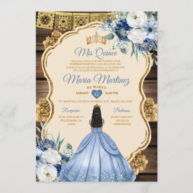 Invitation Espagnol Dusty Blue Floral Wood Quiñceanera (Devant)