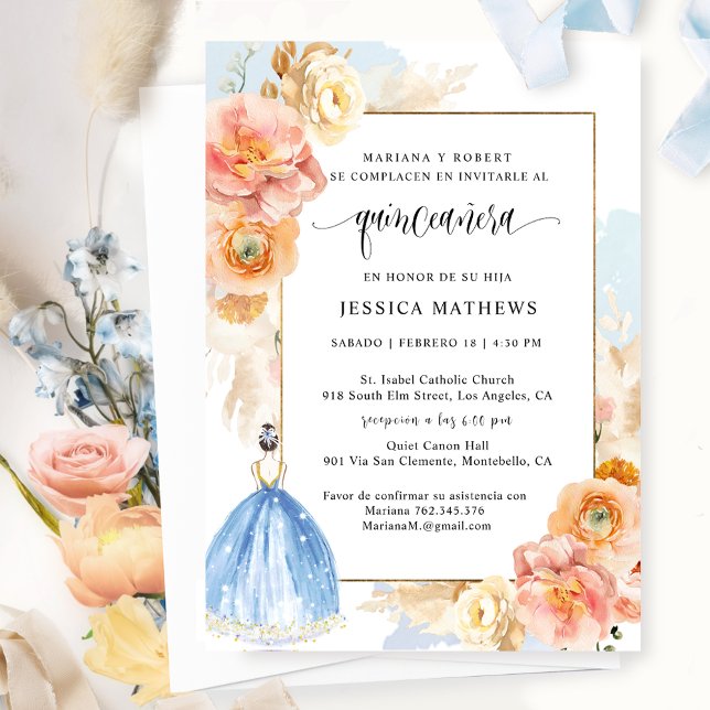Invitation Espagnol, Elégant bleu clair Floral Quinceañera (Créateur téléchargé)