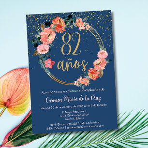 Invitation Espagnol Élégant Bleu Rose Floral 82e Anniversaire