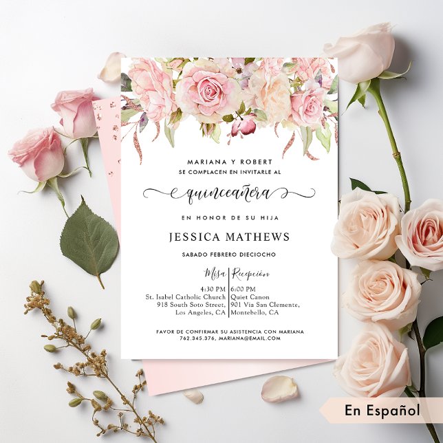 Invitation Espagnol Elegant rose, Blush, Rose or Quinceañera (Créateur téléchargé)