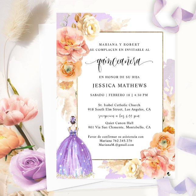 Invitation Espagnol, élégant violet Floral Quinceañera (Créateur téléchargé)