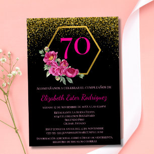 Invitation Espagnol Fantaisie Or Noir et Rose 70e Anniversair