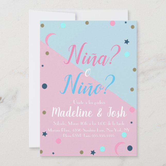 Invitation Espagnol Genre Révéler Garçon ou Fille Stars Lune (Devant)