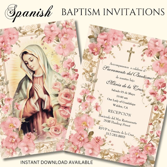 Invitation Espagnol Guadalupe Baptême rose Floral (Créateur téléchargé)