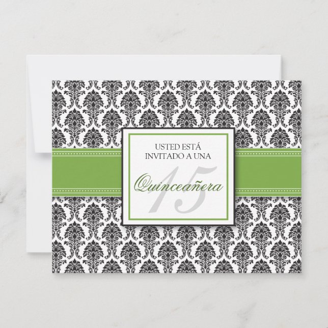 Invitation ESPAGNOL Lime Green Damask Quinceañera Invitación (Devant)
