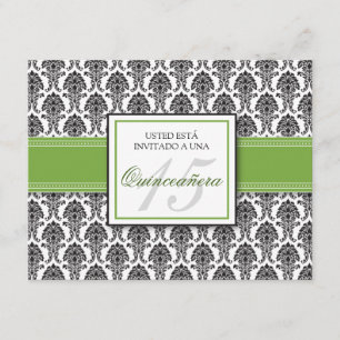 Invitation ESPAGNOL Lime Green Damask Quinceañera Invitación