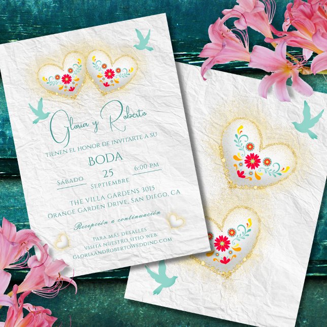 Invitation Espagnol, Mexicaine Pastel Coeurs Fleurs Doves (Créateur téléchargé)