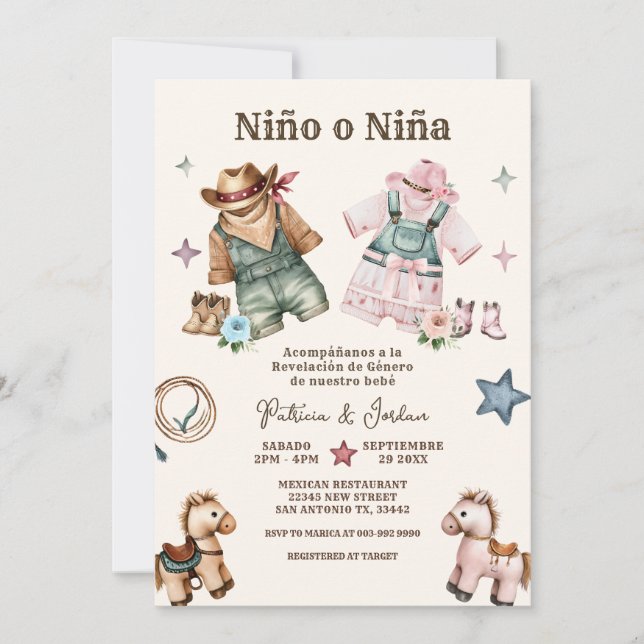 Invitation Espagnol Nino o Nina Cowboy Révélation de genre (Devant)