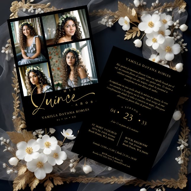Invitation Espagnol Noir tendance Quinceañera Collage 4 Photo (Spanish Black Trendy Quinceañera Collage 4 Photos Invitation Card.)