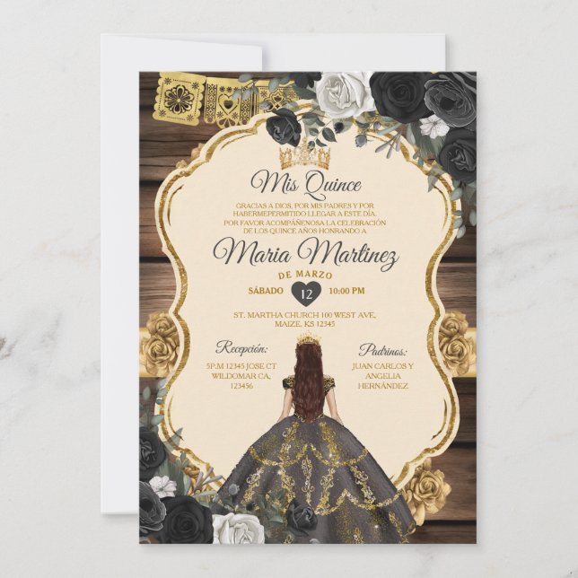 Invitation Espagnol Or et Noir Floral Bois Quiñceanera (Devant)