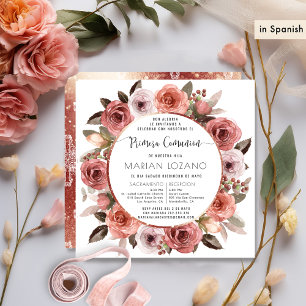 Invitation Espagnol, Première Communion, Floral Or Rose