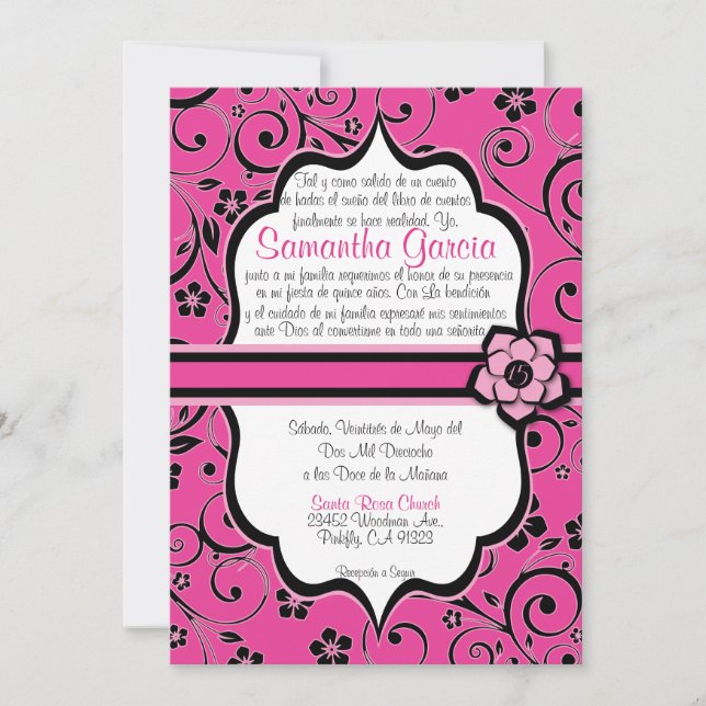 Invitation Espagnol Quinceañera de rose et de noir (Devant)