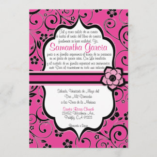 Invitation Espagnol Quinceañera de rose et de noir