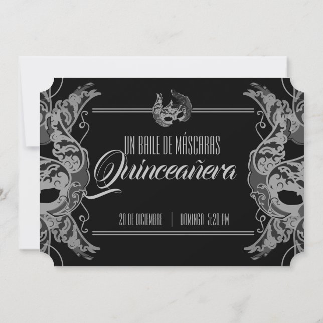 Invitation ESPAGNOL quinceañera MASQUERADE billet blanc noir (Dos)