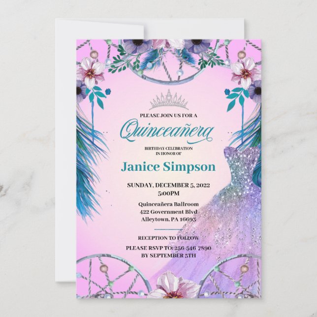 Invitation Espagnol Quinceañera plume Dream attrcher rose Inv (Devant)