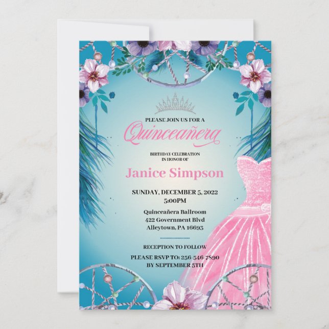 Invitation Espagnol Quinceañera plume Dream attrcher rose Inv (Devant)