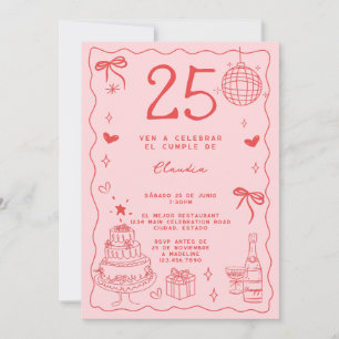 Invitation Espagnol Retro Quirky Red Pink 25e anniversaire