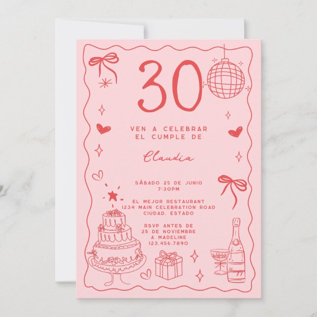 Invitation Espagnol Retro Quirky Red Pink 30e anniversaire (Devant)