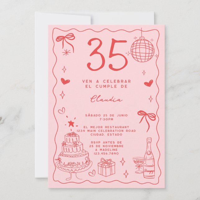 Invitation Espagnol Retro Quirky Red Pink 35e anniversaire (Devant)