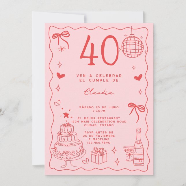 Invitation Espagnol Retro Quirky Red Pink 40e anniversaire (Devant)