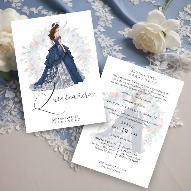 Invitation Espagnol romantique enchantée Quinceañera (Enchanted Romantic Spanish Quinceañera Blue Shades Invitation Card with Envelope. )