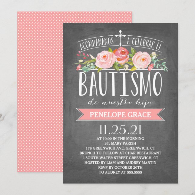 Invitation Espagnol rose Bautismo du rose | de bannière (Devant / Derrière)