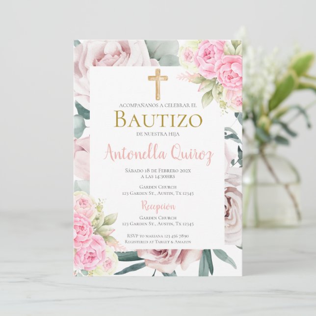 Invitation Espagnol rose Floral Baptême fille (Debout devant)