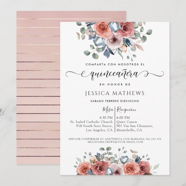 Invitation Espagnol, rose pâle et bleu Floral Quinceañera (Devant / Derrière)