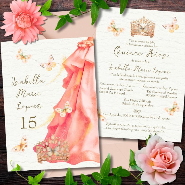 Invitation Espagnol, Roses Saumons Papillons Quinceañera (Créateur téléchargé)