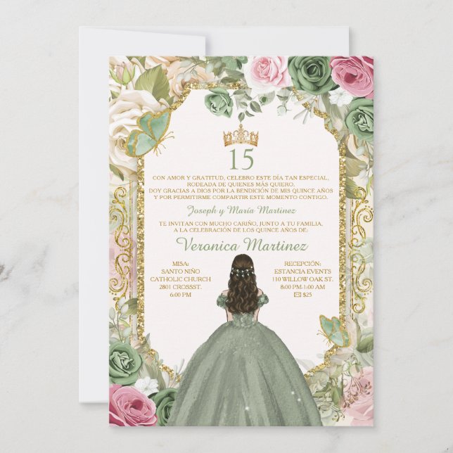 Invitation Espagnol Sage Rose & Or 15 Años Princess Anniversa (Devant)