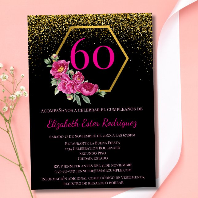 Invitation Espagnol Sophistiqué rose noire 60e anniversaire (Créateur téléchargé)