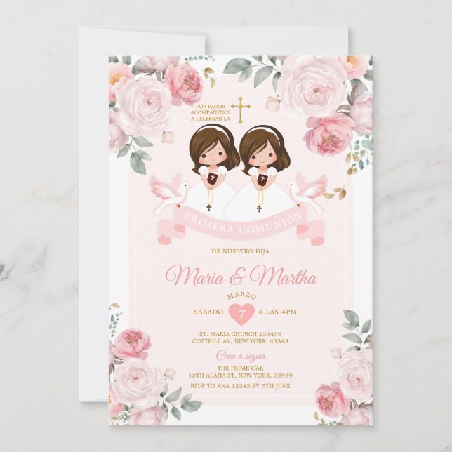 Invitation Espagnol Twin Cute Little Girl Primera Comunión (Devant)